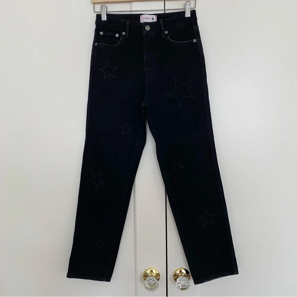 Anthropologie Sundry Stars Love‎ Stitching Ultra High-Rise Straight Jeans